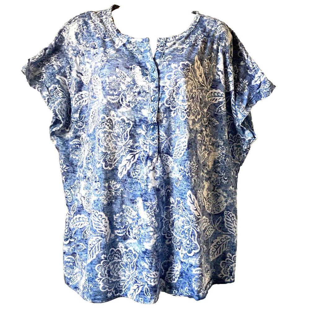 Fresh Henley T-Shirt Top Floral Paisley Blue Soft Stretch Flowy Button 1X Summer